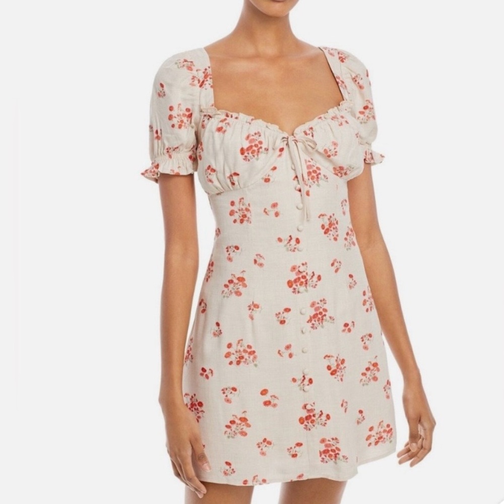 BARDOT FLORAL BEIGE SMOCKED COTTON CAP SLEEVES MINI SHORT SEXY DRESS 6 SMALL
